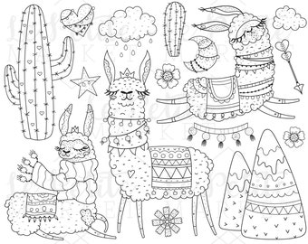 Llama Clipart Illustration Set, Cute Alpaca Clip Art Images, Digital Stamps for Coloring Scrapbooking, Hand Drawn Llama PNGs Mountains