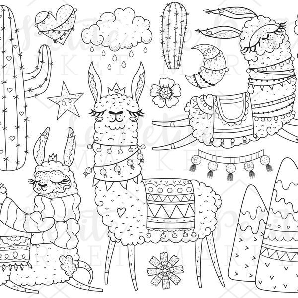 Llama Clipart Illustration Set, Cute Alpaca Clip Art Images, Digital Stamps for Coloring Scrapbooking, Hand Drawn Llama PNGs Mountains