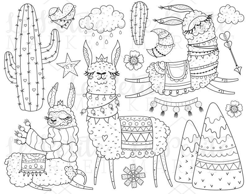 Llama Clipart Illustration Set, Cute Alpaca Clip Art Images, Digital Stamps for Coloring Scrapbooking, Hand Drawn Llama PNGs Mountains image 1