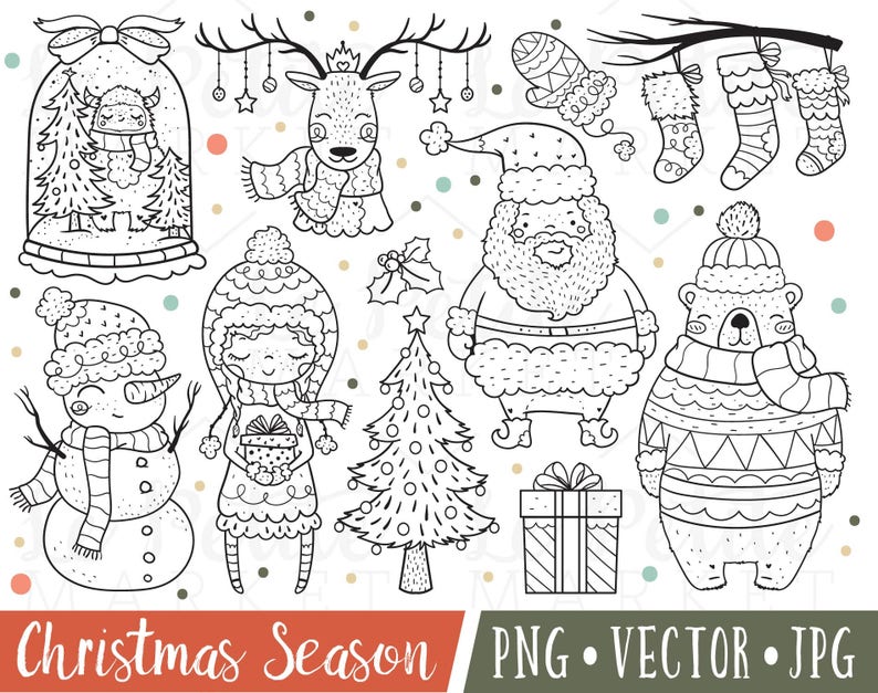 Cute Hand Drawn Christmas Clipart, Hand Drawn Christmas Digital Stamps ...