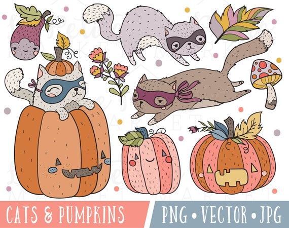 Cute Autumn Cats Clipart, Fall Cat Clipart Images, Cute Cats with Pumpkins Clipart, Halloween Cat Clipart, Cute Pumpkin Clipart PNG Vector