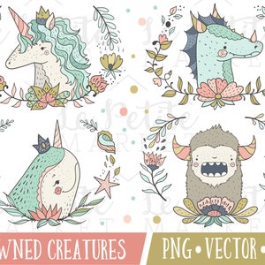 Magical Crowned Creatures Illustration Set, Princess Animals Clipart Set, Mythical Creature Clipart, Animal Portraits for Nursery, for girls