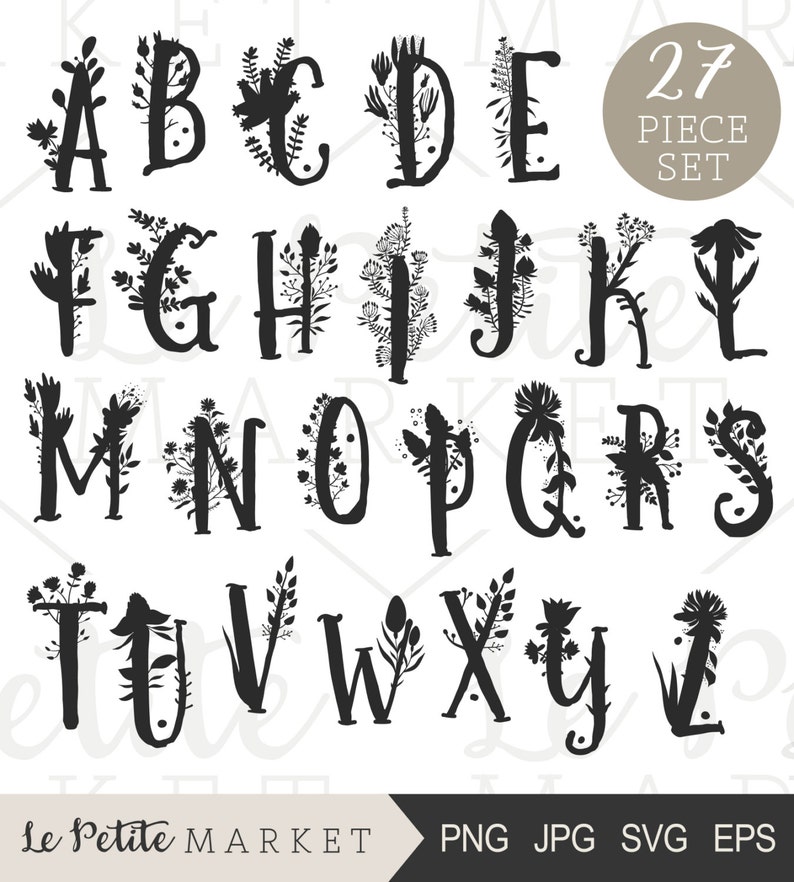 May include: A set of 27 black and white floral alphabet letters. Each letter is outlined in black and filled with a floral design. The letters are arranged in three rows. The text "27 Piece Set" is in the top right corner of the image.