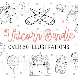 Unicorn Digital Stamp Bundle, Kawaii Unicorn Clipart Bundle, Unicorn Clip Art Images, Cute Unicorn Illustration Set, Unicorn Digital Stamps