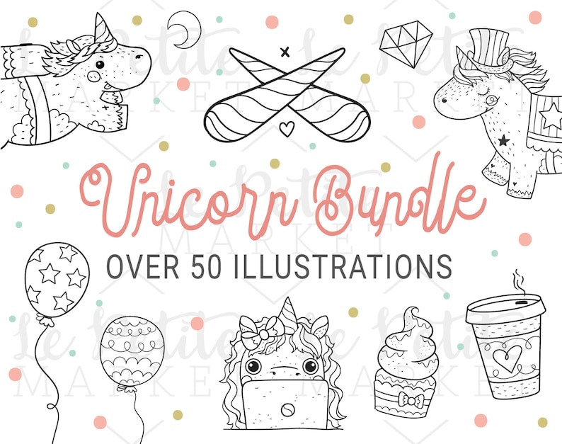 Puede incluir: Ilustraciones en blanco y negro de l&iacute;nea de unicornios en varias poses, incluyendo un unicornio con un sombrero de copa, un unicornio con un port&aacute;til y un unicornio con alas. El texto "Unicorn Bundle" y "Over 50 Illustrations" tambi&eacute;n est&aacute; incluido en la imagen.