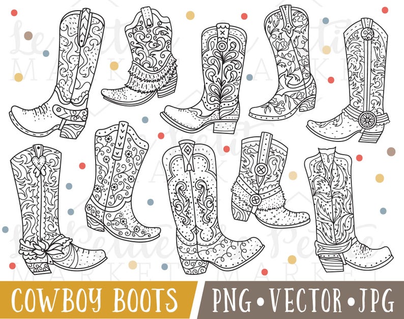 Hand Drawn Cowboy Boot Clipart Images, Cowboy Boot Clip Art, Cowgirl Boot Clipart, Cowboy Boot Digital Stamps, Cute Western Clipart image 1
