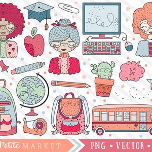Zestaw obrazków Clipart szkoły słodkie, nauczyciel wektorowego, przybory szkolne obiekty clipart, powrót do szkoły, asystent, plecak, ołówek