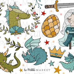 May include: A set of digital illustrations featuring a green dragon, a blue dragon, a princess, a crown, a sword, a dragon egg, and stars. The illustrations are in a cartoon style and are perfect for use in crafting projects, scrapbooking, or digital design.