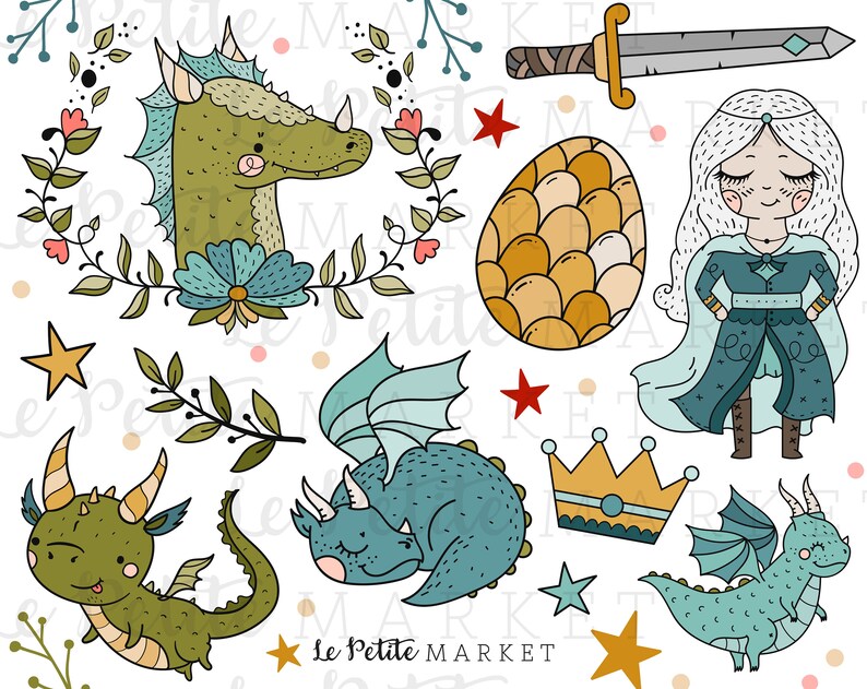 May include: A set of digital illustrations featuring a green dragon, a blue dragon, a princess, a crown, a sword, a dragon egg, and stars. The illustrations are in a cartoon style and are perfect for use in crafting projects, scrapbooking, or digital design.