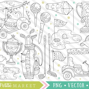Leuke Golf Clipart Set, Golf Clip Art digitale postzegels, Hand getrokken, Golf Cart Clipart, trofee, golfclubs, golfen Golf illustraties PNG