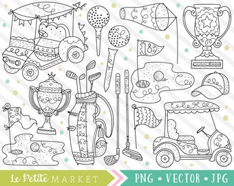 Golf Clipart Set, Hand Drawn Golfing Illustrations (PNG, JPG, EPS)
