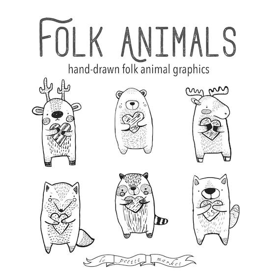 Folk Clipart Animals Heart Clipart Vector Graphics Deer Bear Etsy