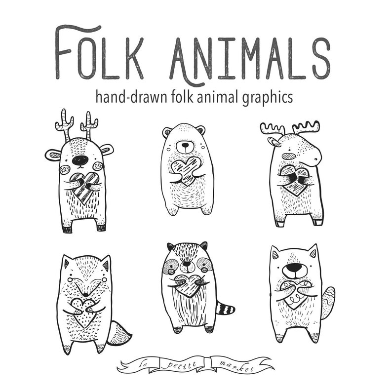 Folk Clipart Animals, Heart Clipart Vector Graphics, Deer Bear Moose Raccoon Fox Wolf, Forest Creature Clipart Clip Art, Folk Animal Clipart image 1
