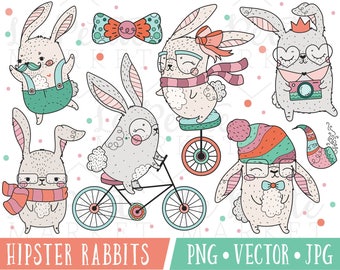 Cute Rabbit Clipart, Hipster Clipart, Kawaii Bunny Clipart, Cute Hipster Clipart, Easter Bunny Clipart, Hipster Bunny Clipart