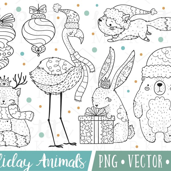 Cute Christmas Animals Clipart, Cute Winter Animals Clipart, Christmas Flamingo Clipart, Winter Cat Clipart, Christmas Cat Digital Stamps