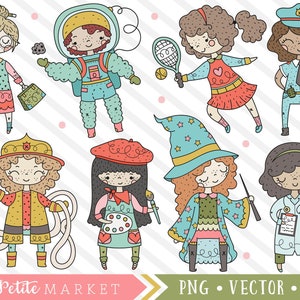 Career Girl Clipart Set, Artist, Wizard, Astronaut Girl, Tennis Player Girl, Stickers, Firefighter Teacher Nurse Career Clip Art Designs PNG
