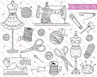 Cute Sewing Clipart Images, Sewing Machine Clip Art Set, Line Clipart, Digital Stamps, Thread Scissors Embroidery, Knitting Crafting Clipart