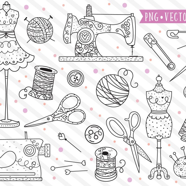 Cute Sewing Clipart Images, Sewing Machine Clip Art Set, Line Clipart, Digital Stamps, Thread Scissors Embroidery, Knitting Crafting Clipart