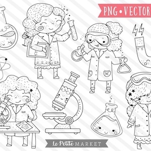 Científico niñas imágenes prediseñadas, STEM chica imágenes prediseñadas, niñas en STEM Clip Art, Girl Science Clipart, ciencia linda Clipart, química clipart, Nerd Girl