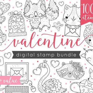 Valentine Clipart Bundle, Valentine Digital Stamps, Cute Valentine Animals Clip Art Illustrations, Hand Drawn Doodles, Clipart for Coloring