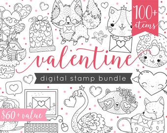 Valentine Clipart Bundle, Valentine Digital Stamps, Cute Valentine Animals Clip Art Illustrations, Hand Drawn Doodles, Clipart for Coloring