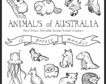 Cute Hand Illustrated Australian Animals Digital Clipart Graphics, Aussie Creatures Wombat Platypus Dingo Jellyfish Koala Echidna Kangaroo