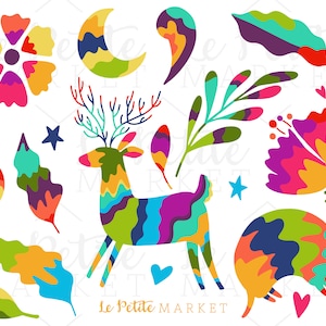 Puede incluir: Un conjunto de ilustraciones coloridas y caprichosas en un estilo de arte popular mexicano. El conjunto incluye un ciervo, un cerdo, una flor, una luna creciente, hojas y estrellas. Las ilustraciones est&aacute;n todas delineadas en negro y rellenas de colores brillantes.