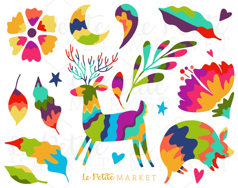 Puede incluir: Un conjunto de ilustraciones coloridas y caprichosas en un estilo de arte popular mexicano. El conjunto incluye un ciervo, un cerdo, una flor, una luna creciente, hojas y estrellas. Las ilustraciones est&aacute;n todas delineadas en negro y rellenas de colores brillantes.