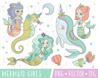 Cute Mermaid Clipart Images, Pretty Mermaid Clipart Set, Cute Mermaid Illustrations, Mermaid with Seahorse, Mermaid and Narwhal Clipart