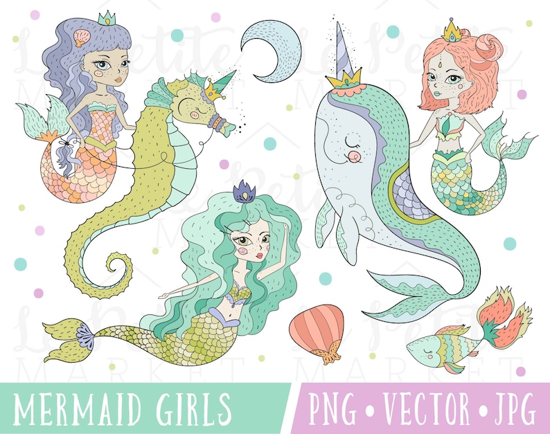 May include: A whimsical illustration featuring several mermaid girls with colorful hair and mermaid tails. One mermaid rides a seahorse, while another is next to a narwhal. The image includes a crescent moon, a seashell, and a fish. The text "MERMAID GIRLS" is at the bottom.