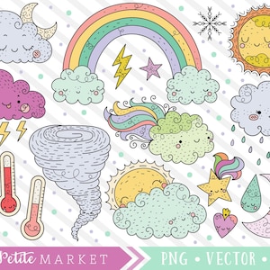 Lindo tiempo Clipart Set, Sol, Arco Iris Clipart, Tornado, Termómetro, Luna, Rain Cloud Clip Art, Meteorología Clipart Doodles, Diseño del tiempo