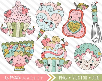 Kawaii Dessert Clipart, Kawaii Cupcake Clip Art, Baking Designs, Cute Cotton Candy Clipart, Kawaii Donut Graphics, Commercial Use Clipart