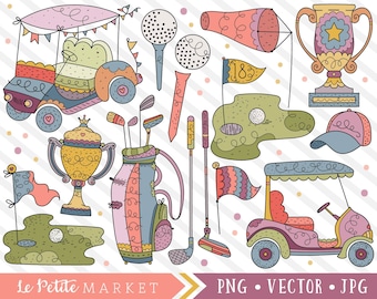 Puede incluir: Un conjunto de coloridas ilustraciones de dibujos animados de artículos con temática de golf, que incluyen un carrito de golf, una bolsa de golf, un trofeo, un palo de golf y un campo de golf. Las ilustraciones están en un estilo caprichoso con colores brillantes y detalles lúdicos.