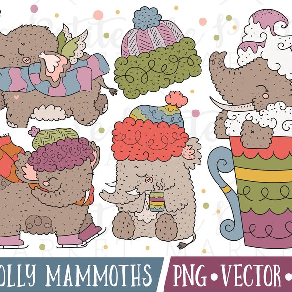 Cute Woolly Mammoth Clipart, Cute Wooly Mammoth Clipart, Winter Elephants, Christmas Mammoth Clipart, Cute Holiday Clipart, Elephant Clipart