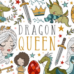 May include: A colorful illustration of a dragon queen with a crown, a sword, a key, and a dragon. The text "Dragon Queen" is written in gold letters.