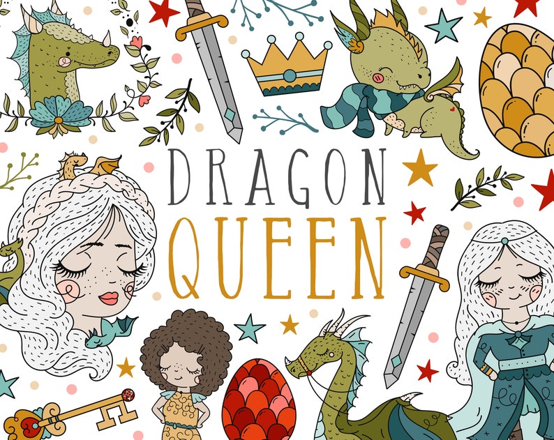 May include: A colorful illustration of a dragon queen with a crown, a sword, a key, and a dragon. The text "Dragon Queen" is written in gold letters.