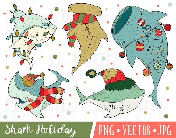 Cute Holiday Shark Clipart Illustrations, Shark Christmas Clipart, Printable Shark Stickers, Christmas Clipart for Commercial Use