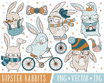 Kawaii Bunny Clipart Images, Bunny Rabbit Clipart, Cute Hipster Clipart, Clip Art, Rabbit Illustration Set, Bunny Illustrations, Kawaii PNG