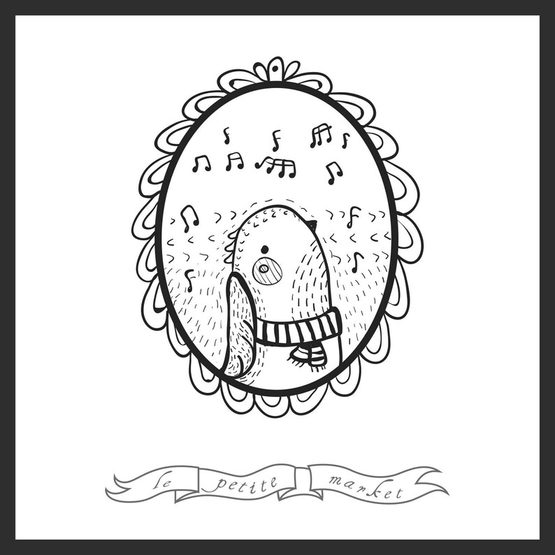 May include: Black and white illustration of a bird wearing a striped scarf, singing in a decorative oval frame. The text "le petit market" is written on a ribbon below the frame.