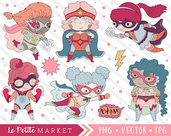 Superhero Clipart Set, Superhero Girls Clip Art, Comic Book Girls, Girl Power Clipart, Commercial Use Clipart, Black Girl Magic Clipart