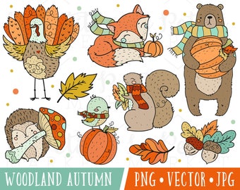 Cute Woodland Thanksgiving Clipart Images, Cute Autumn Thanksgiving Clipart, Thanksgiving Animals, Woodland Autumn Animals Clipart Clip Art