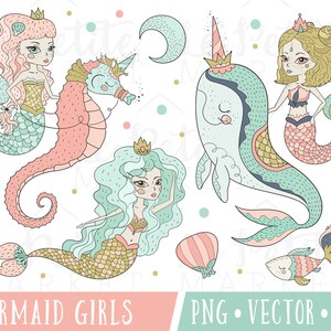 Cute Mermaid Clipart Images, Pretty Mermaid Clipart Set, Cute Mermaid Illustrations, Mermaid with Seahorse, Mermaid and Narwhal Clipart