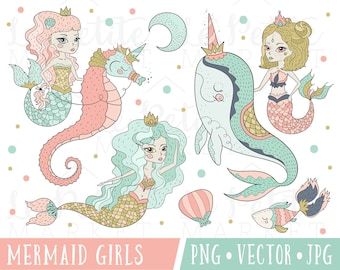 Cute Mermaid Clipart Images, Pretty Mermaid Clipart Set, Cute Mermaid Illustrations, Mermaid with Seahorse, Mermaid and Narwhal Clipart