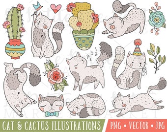 Digital Cat Planner Stickers, Cat Clip Art Images, Cactus Clipart Images, Cat Illustrations, Digital Cat Stickers, Commercial Use