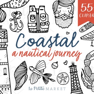 Nautical Clipart, Lighthouse Clip art, Coastal, New England, Crab, Fishing Clipart Digital Stamps, Doodle Clipart, Boat Sailboat, Seashell