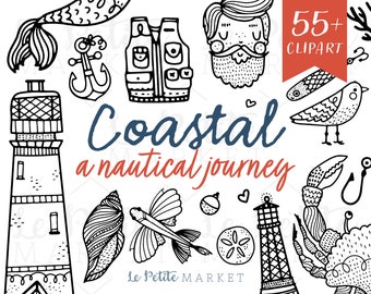 Nautical Clipart, Lighthouse Clip art, Coastal, New England, Crab, Fishing Clipart Digital Stamps, Doodle Clipart, Boat Sailboat, Seashell