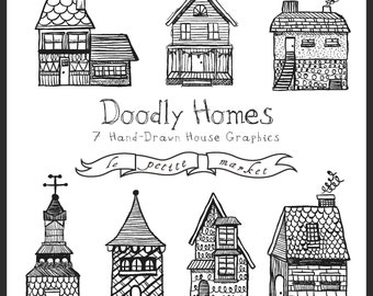 Hand Drawn Buildings Clipart, Cute Homes Clipart, Hand Drawn Houses, House illustration, digital illustration, instant download clipart