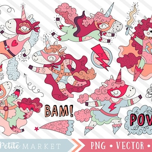 Op de afbeelding: Vijf cartoonillustraties van eenhoorns die verkleed zijn als superhelden. Elke eenhoorn heeft een andere pose en uitdrukking. De eenhoorns dragen rode, blauwe en roze superheldenpakken. De illustraties zijn in een kleurrijke, fantasierijke stijl.