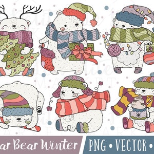 Cute Christmas Polar Bear Clipart Images, Polar Bear Clip Art, Polar Bear Illustrations, Kawaii Holiday Bears, Winter Bear Clipart Set