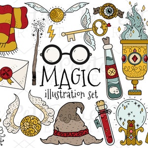 May include: A set of 14 hand-drawn illustrations of magical objects, including a wand, a key, a potion bottle, a golden snitch, a hat, a broom, a crystal ball, and a scarf. The illustrations are in a whimsical style with bright colors and intricate details. The text "MAGIC illustration set" is included in the image.